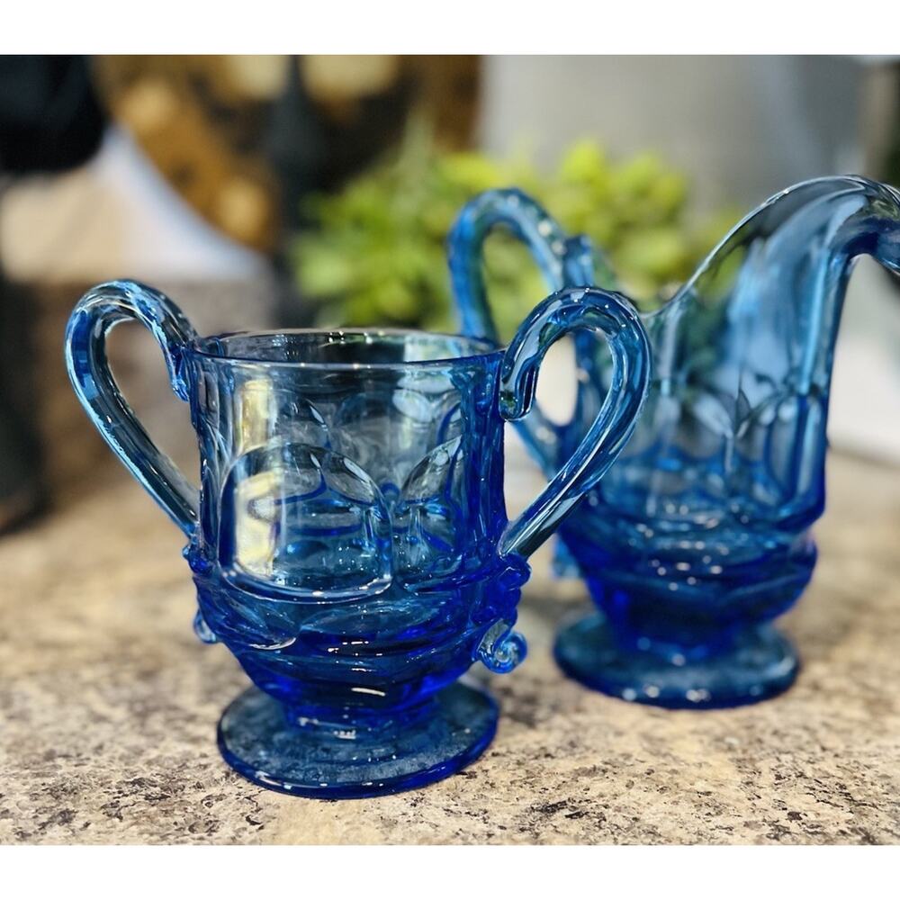 Fostoria Vintage Argus HFM Cobalt Blue Creamer Pitcher Open Sugar Bowl